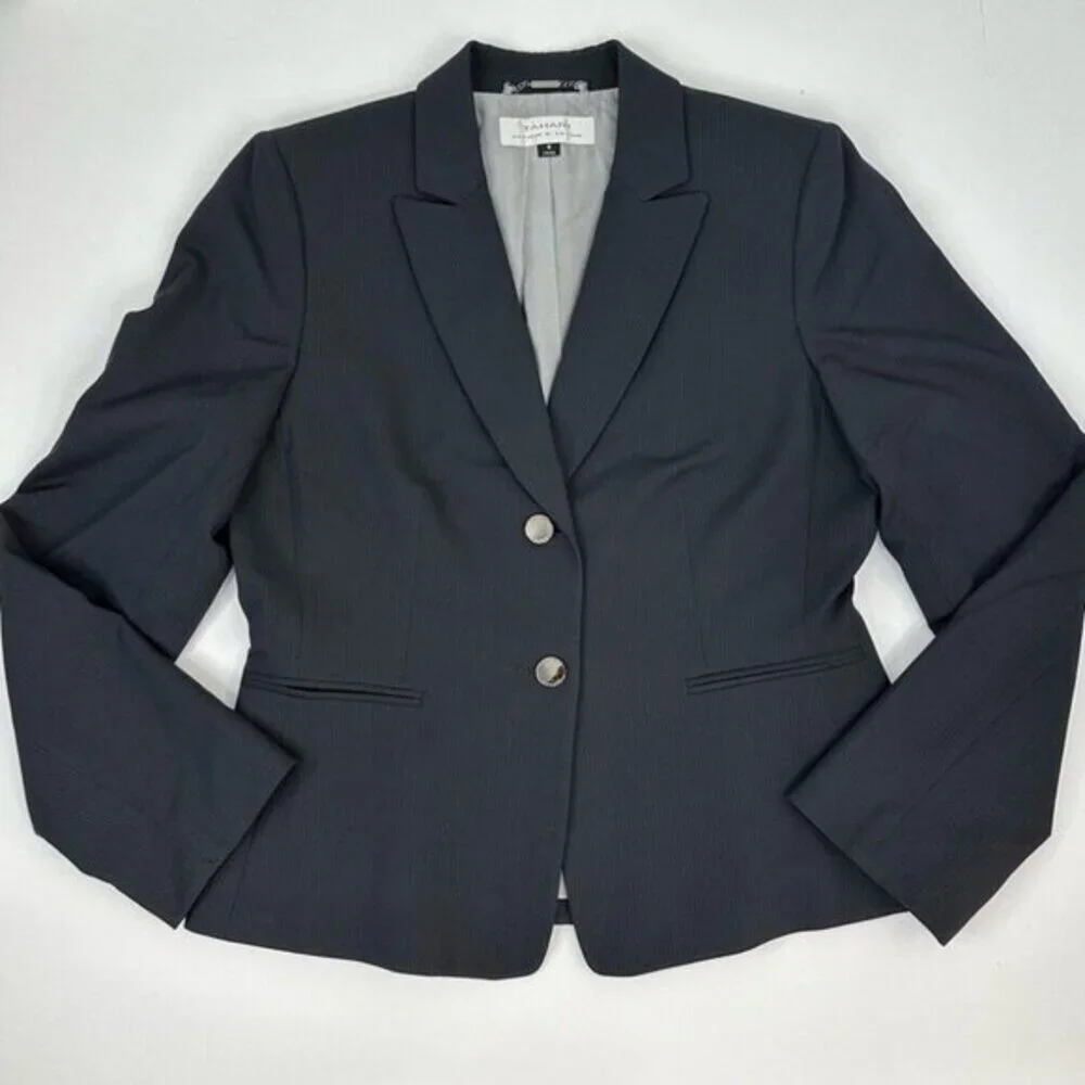 Tahari Arthur S Levine Women Navy Blue Pinstripe Two Button Blazer Jacket Size 8
